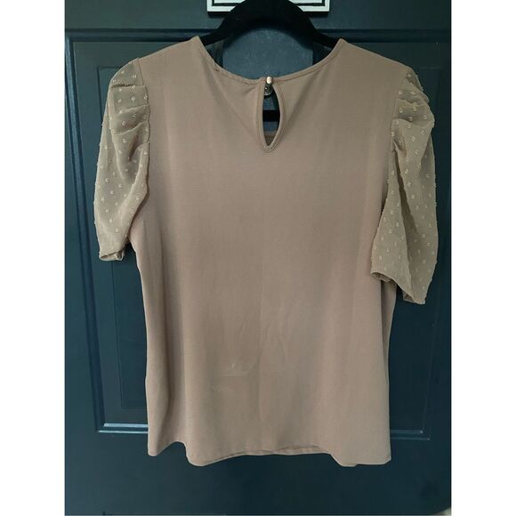 Adrianna Papell NWT Daisy Mesh Short Sleeve Cocoa Blouse, Sz Medium, MP $69 - Picture 7 of 11